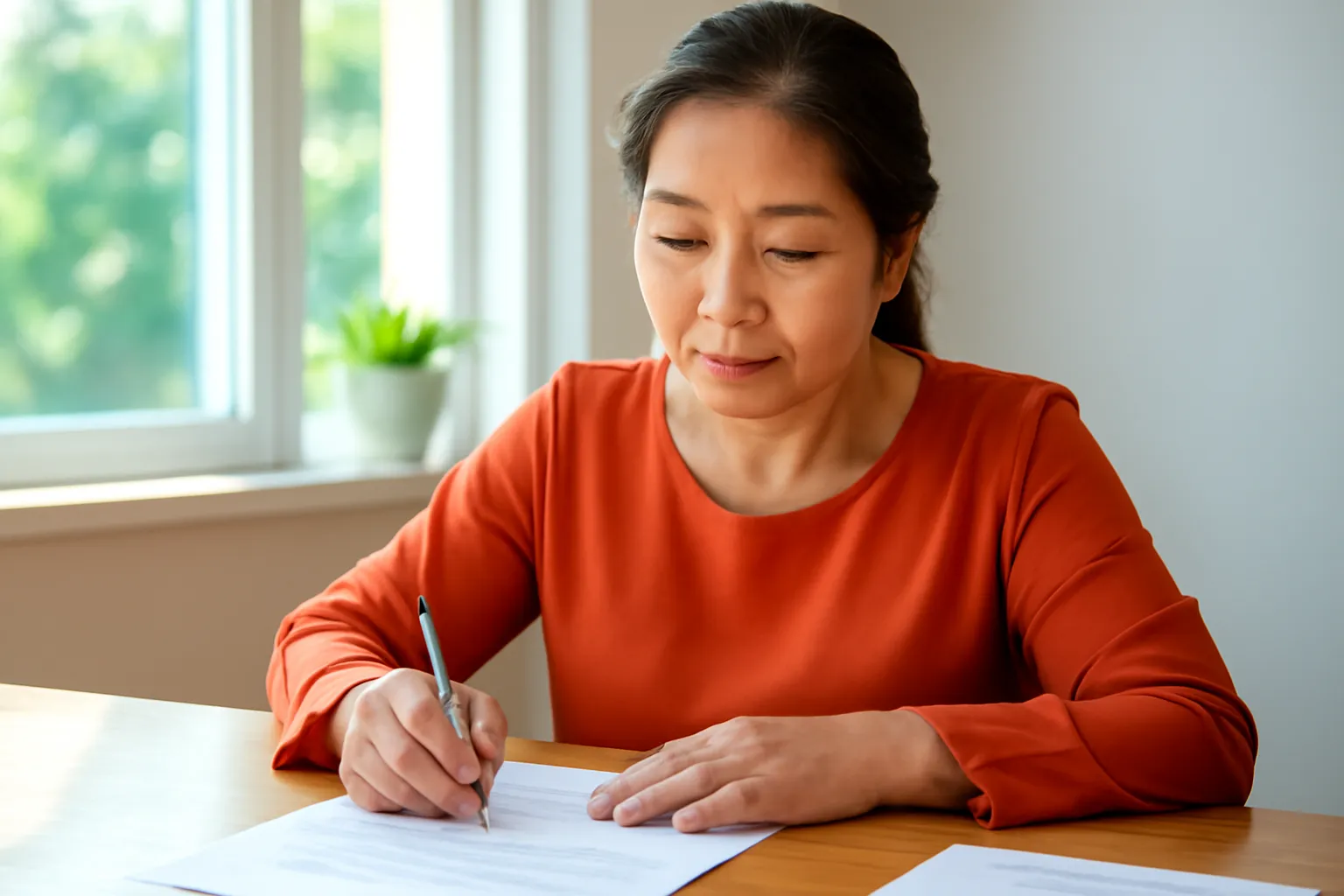 Người phụ nữ trung niên ký giấy tờ trên bàn gỗ bên cửa sổ có nắng