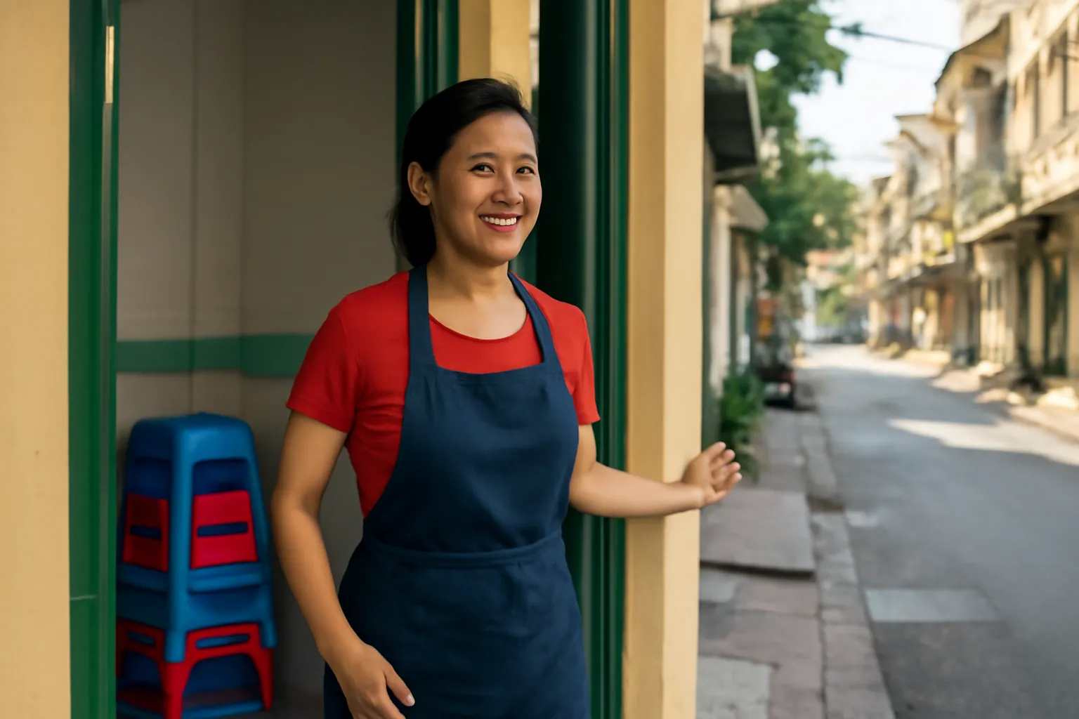 Chủ quán ăn nhỏ đứng trước cửa quán buổi sáng chuẩn bị mở cửa