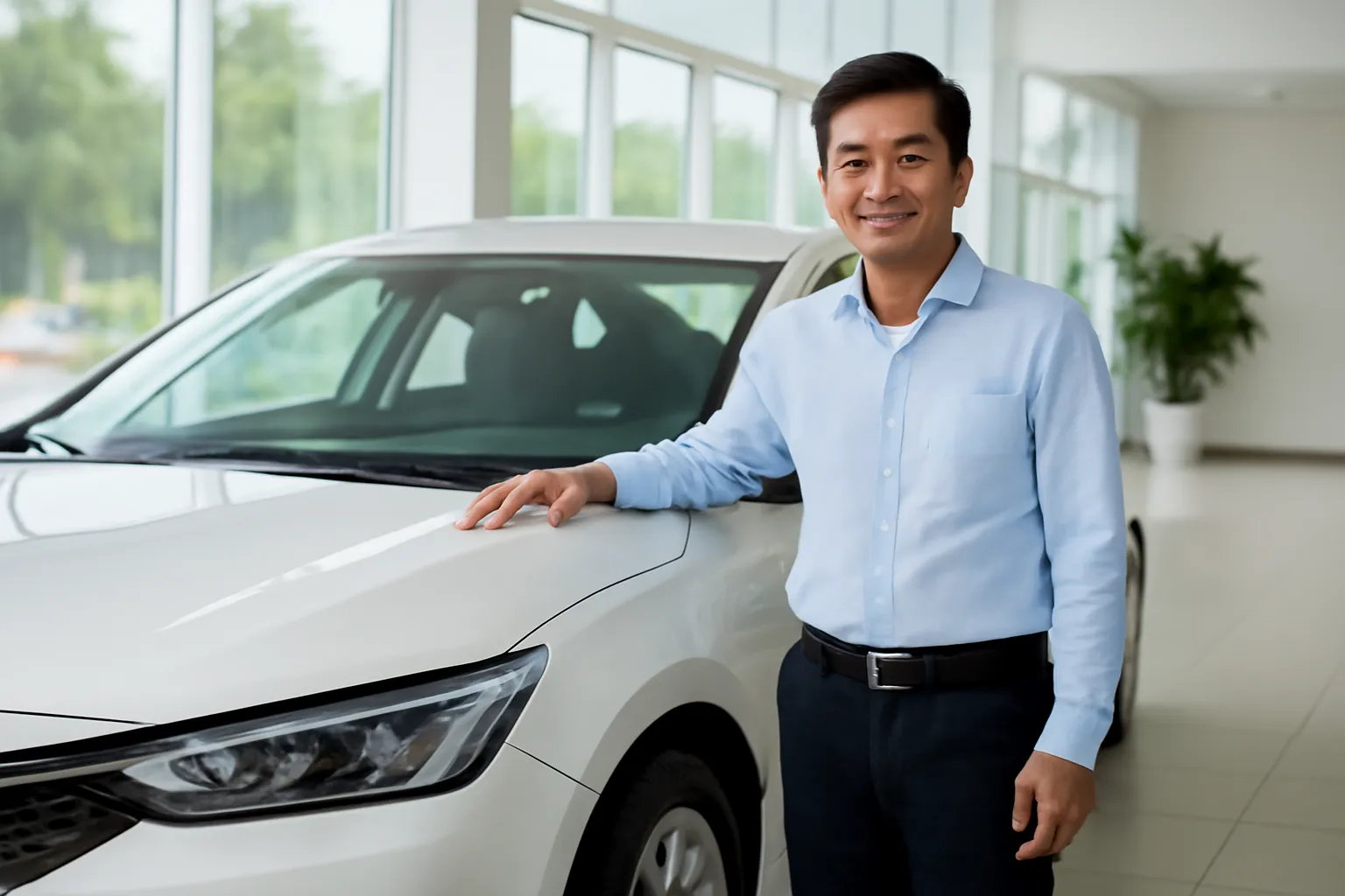 Người đàn ông trung niên đứng cạnh chiếc ô tô mới trong showroom sáng sủa
