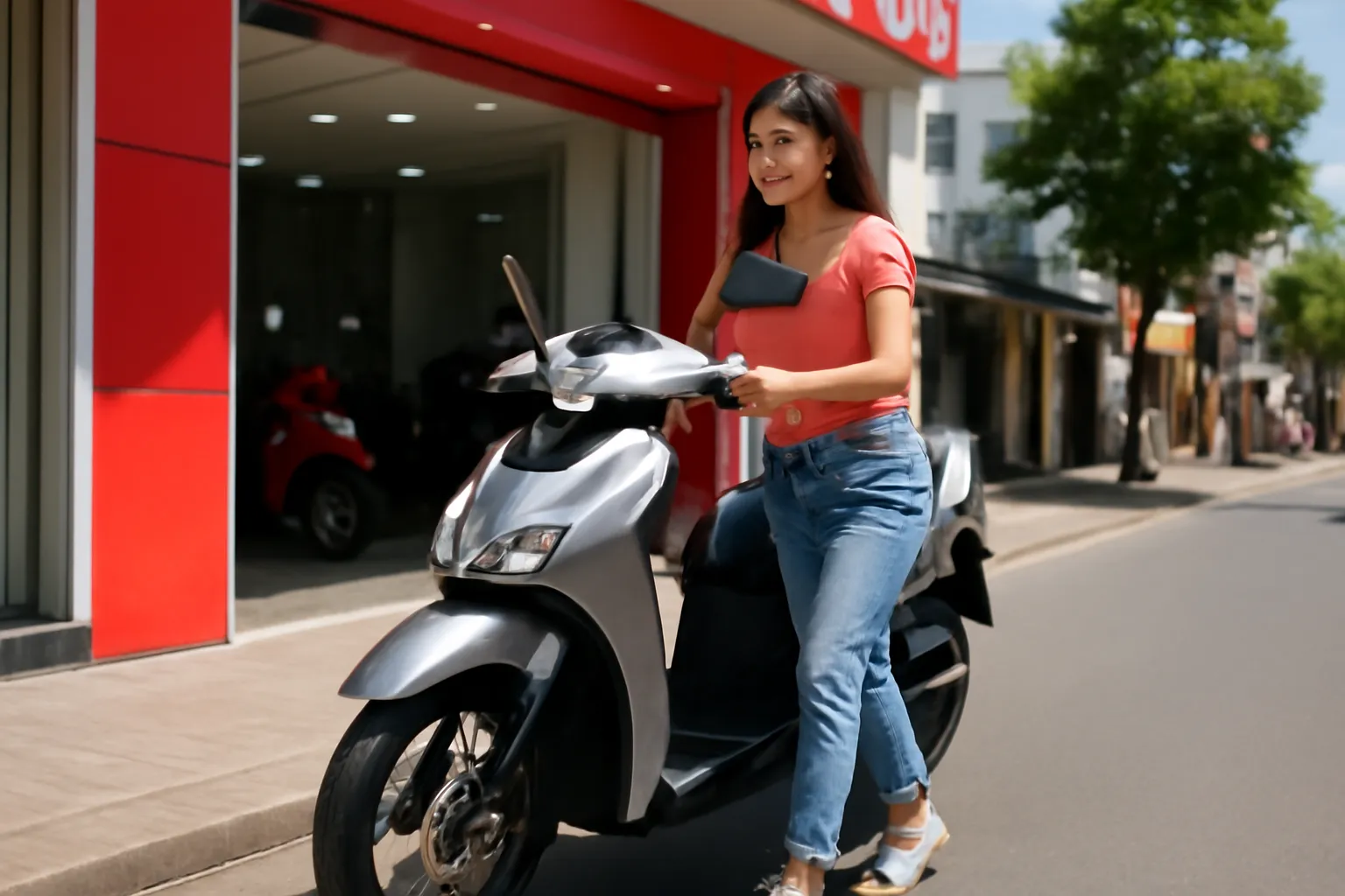 Cô gái trẻ dắt chiếc xe máy mới ra khỏi cửa hàng xe trên phố