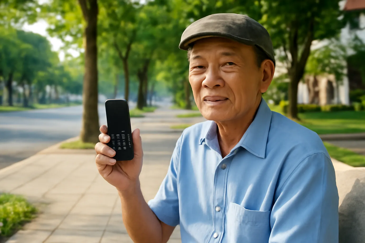 Người đàn ông ngồi ghế đá vỉa hè cầm chiếc điện thoại cũ màn hình tối