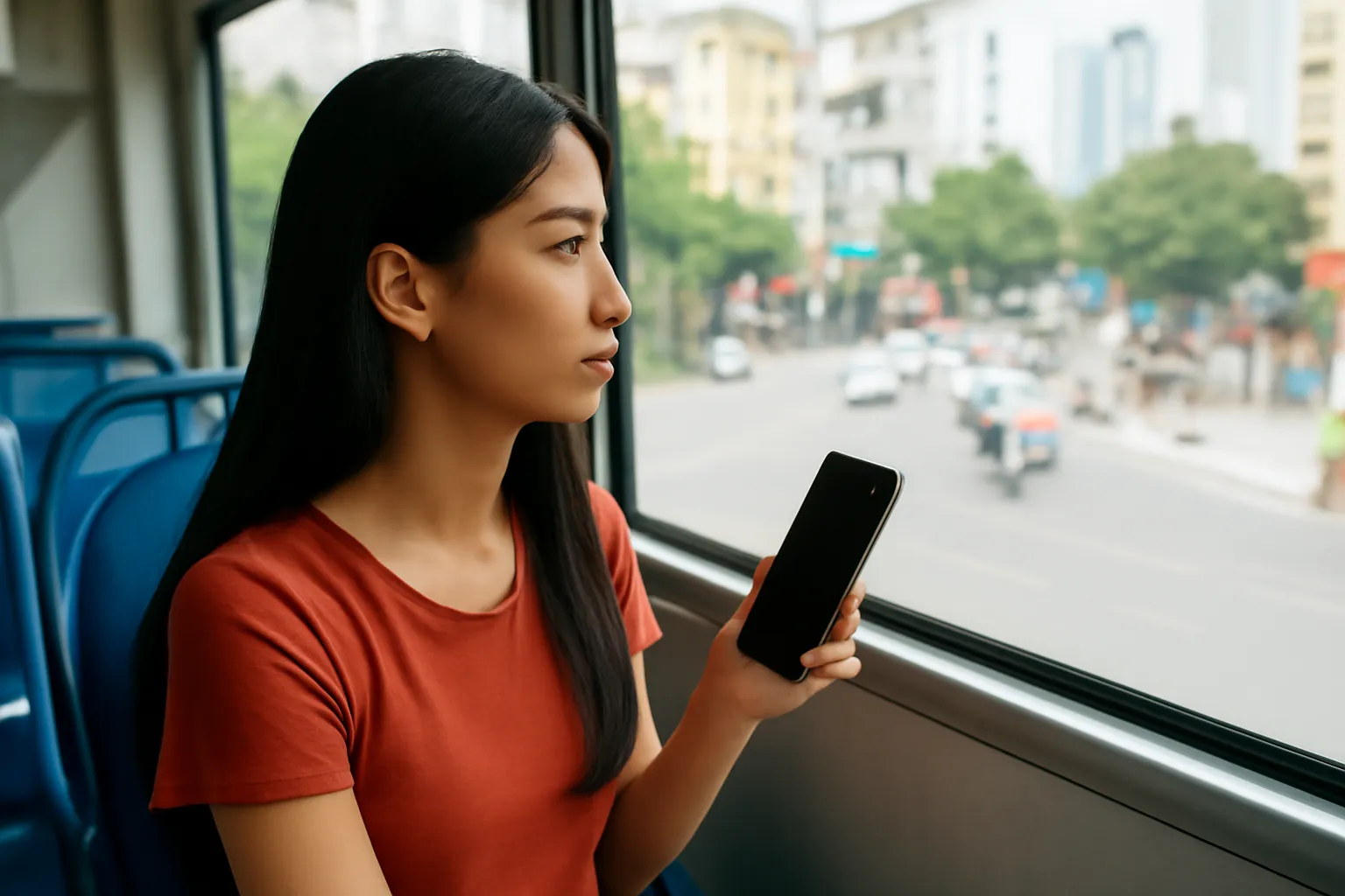 Người phụ nữ trẻ ngồi xe buýt nhìn điện thoại đang úp trong tay