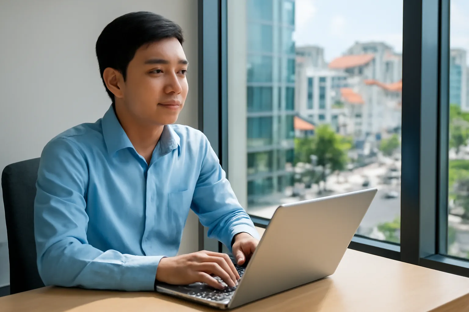 Cô nhân viên văn phòng trẻ ngồi bàn làm việc gần cửa kính nhìn ra phố