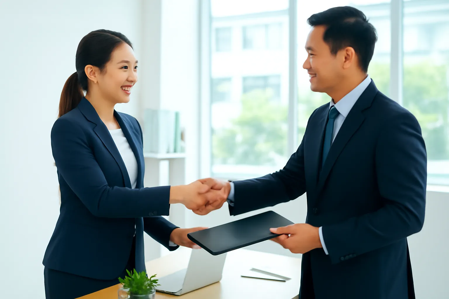 Hai người bắt tay trao nhau tập hồ sơ trên bàn làm việc gọn gàng