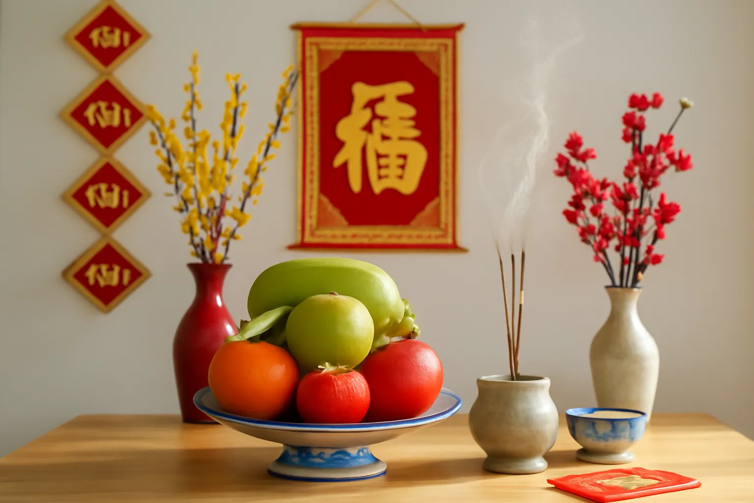Mâm ngũ quả trên bàn thờ gia đình ngày Tết với nhang trầm khói nhẹ