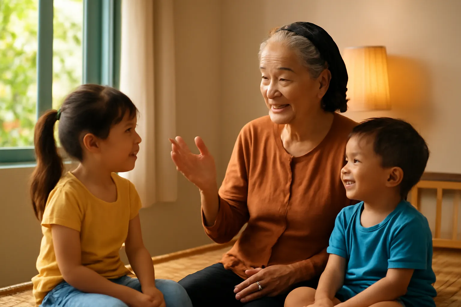 Bà ngồi kể chuyện cho hai đứa cháu nhỏ trên chiếc giường tre buổi tối