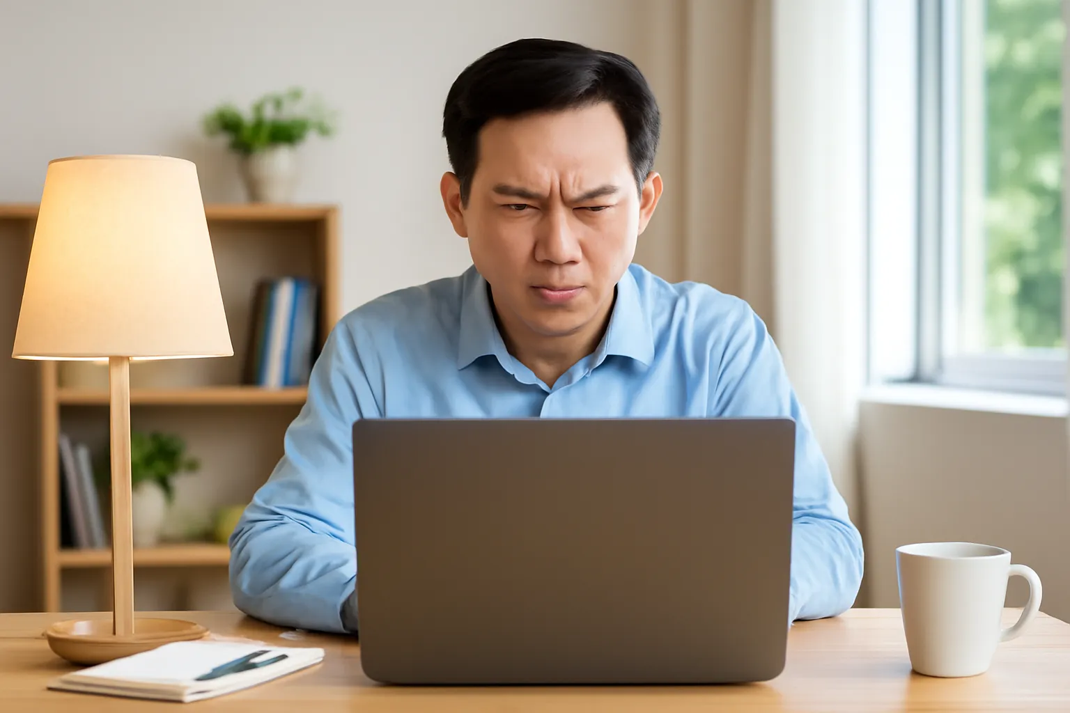 Người đàn ông ngồi bàn làm việc tại nhà, máy tính xách tay mở màn hình quay đi