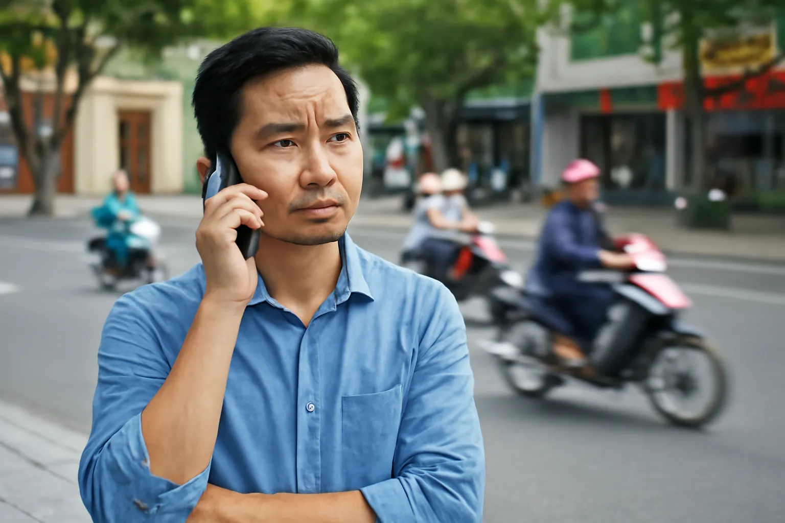 Người đàn ông đứng bên lề đường nghe điện thoại, vẻ mặt cân nhắc