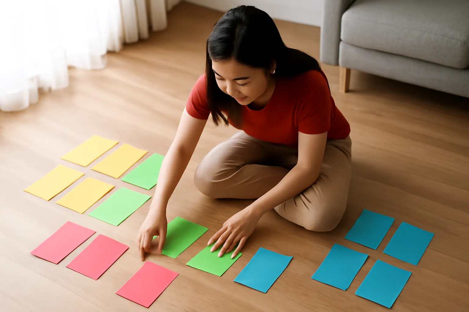 Người phụ nữ trải nhiều tấm thẻ màu trên sàn gỗ phòng khách nhìn từ trên cao