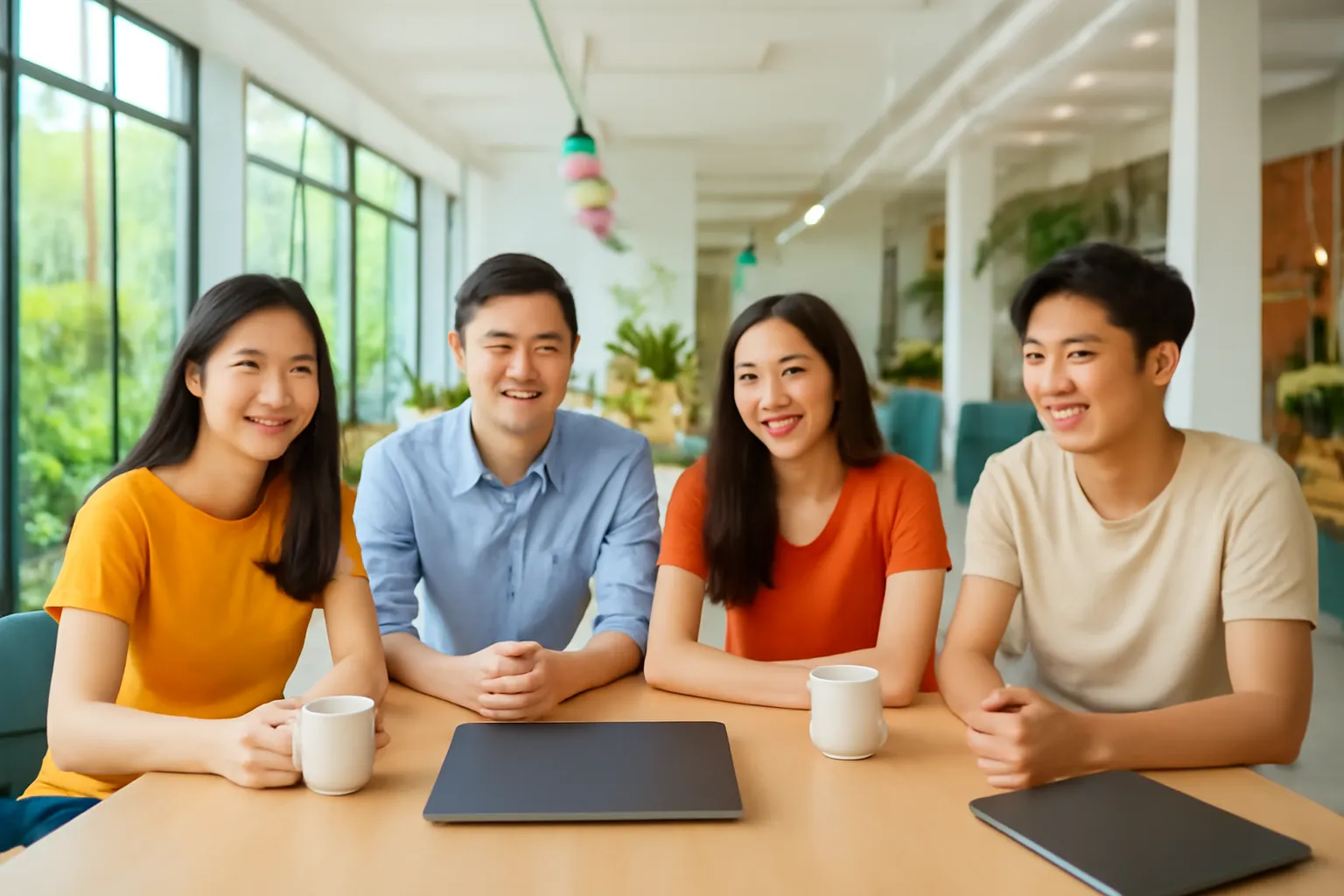 Nhóm bạn trẻ ngồi quanh bàn dài trong không gian làm việc chung sáng sủa