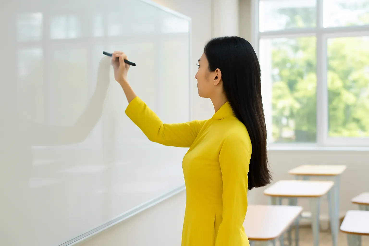 Cô giáo trẻ viết chữ lên bảng trắng trong phòng học sáng sủa nhiều cửa sổ