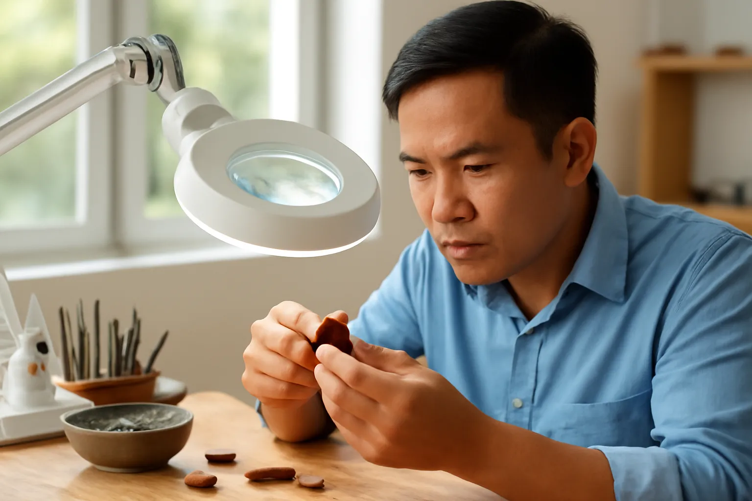 Người thợ kim hoàn soi viên đá nhỏ dưới kính lúp trên bàn làm việc