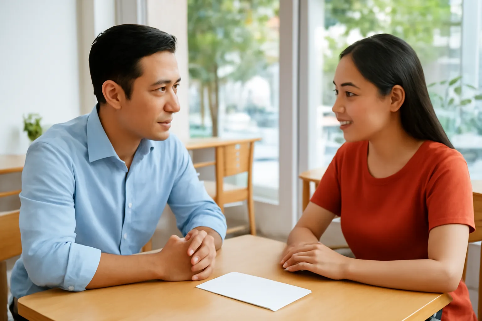 Hai người ngồi đối diện ở bàn cà phê, giữa họ là phong bì trắng đặt trên bàn