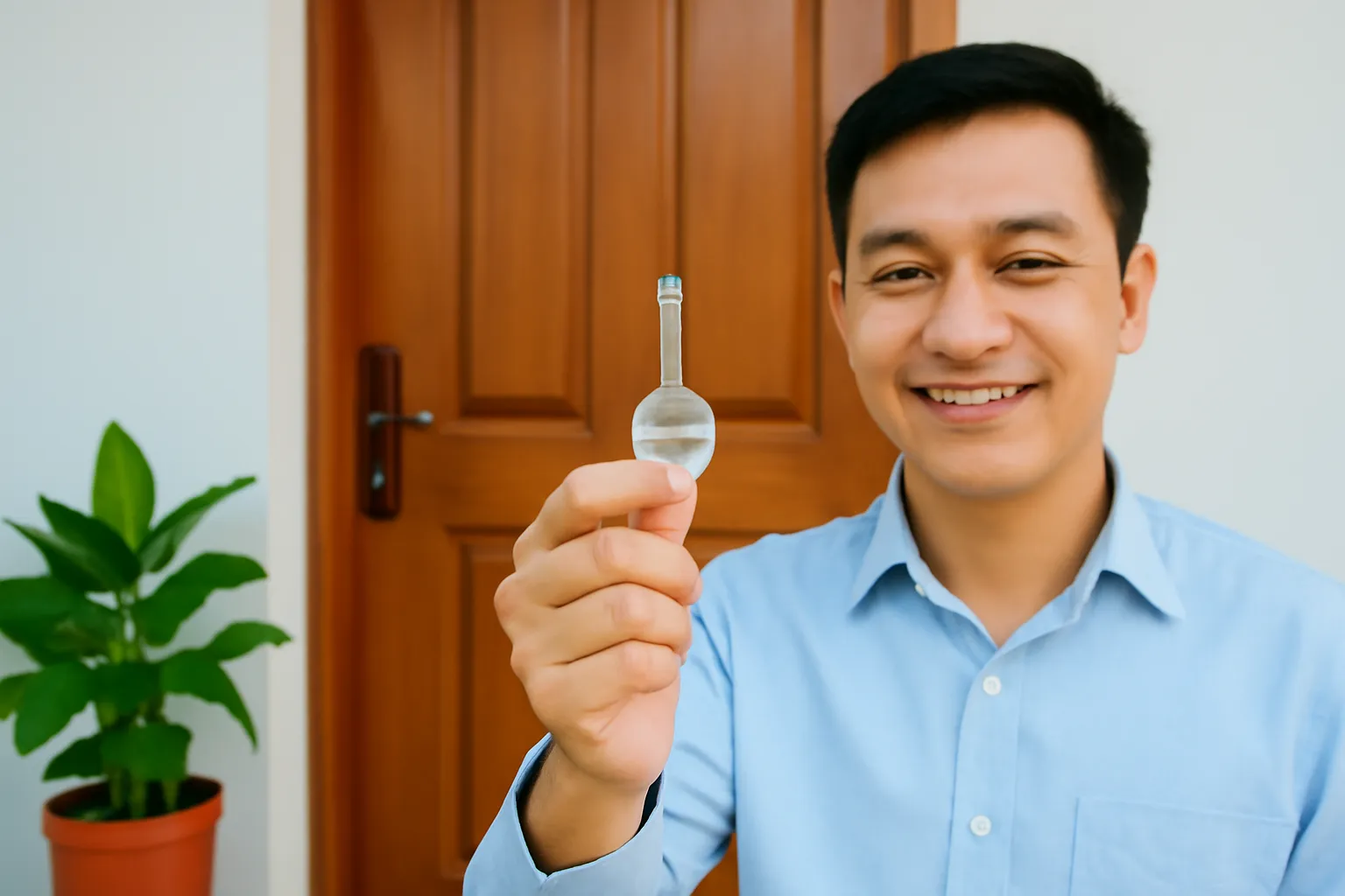 Người đàn ông cầm chìa khoá kim loại trước cánh cửa gỗ của căn nhà