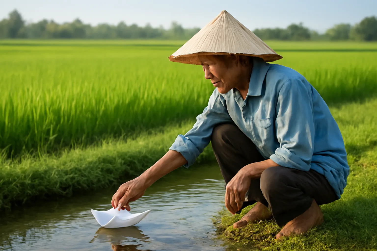 Người đàn ông lớn tuổi thả chiếc thuyền giấy xuống dòng suối nhỏ