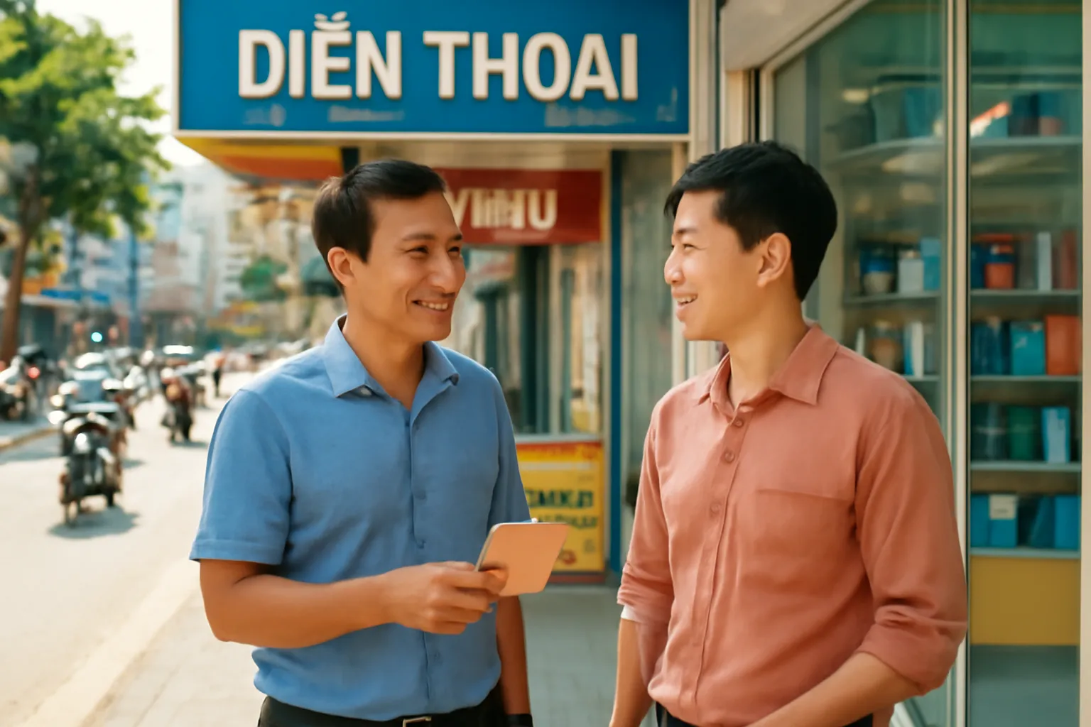 Hai người đàn ông đứng trò chuyện trước cửa hàng điện thoại trên phố