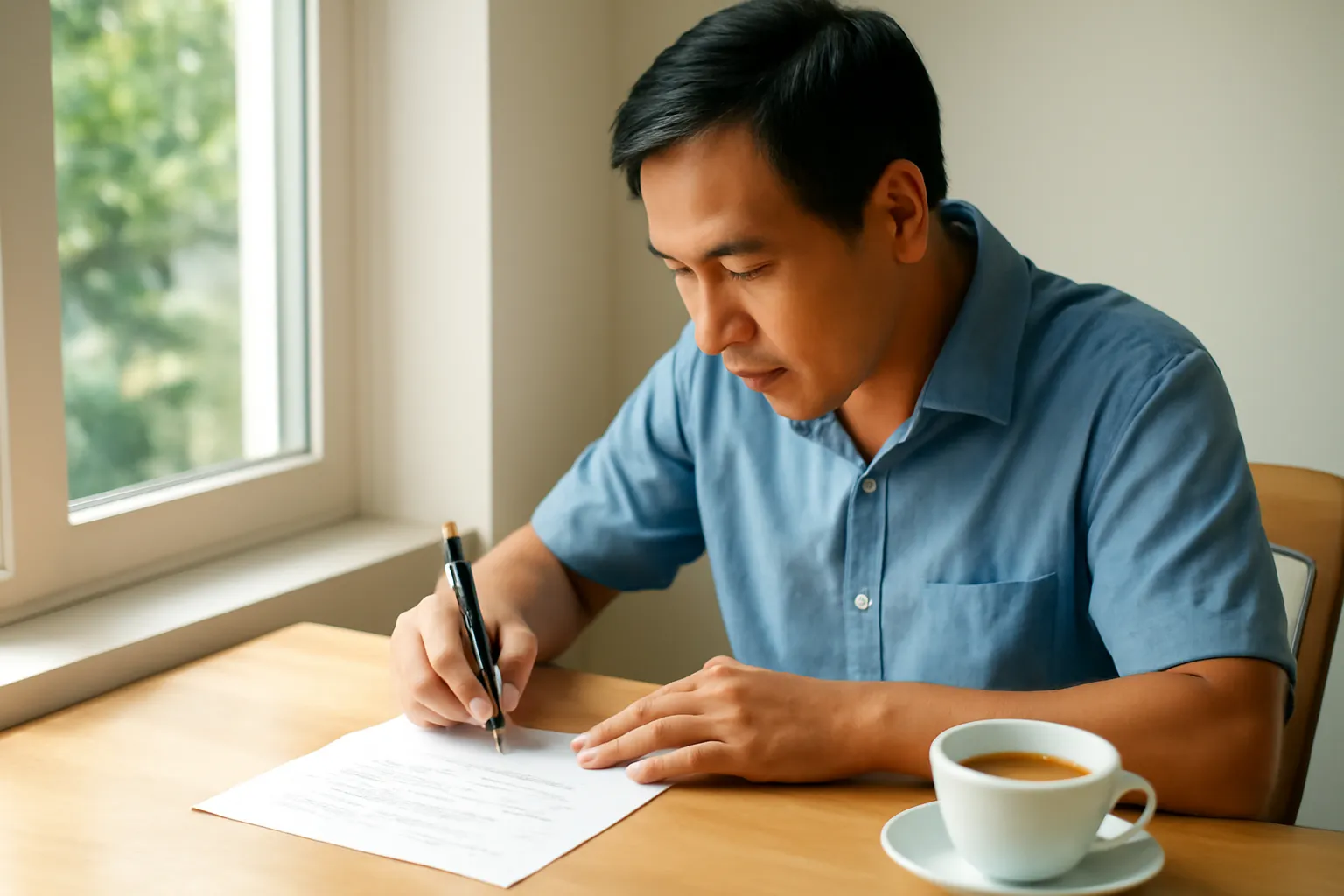 Người đàn ông viết thư tay bên tách trà trên bàn gần cửa sổ buổi chiều