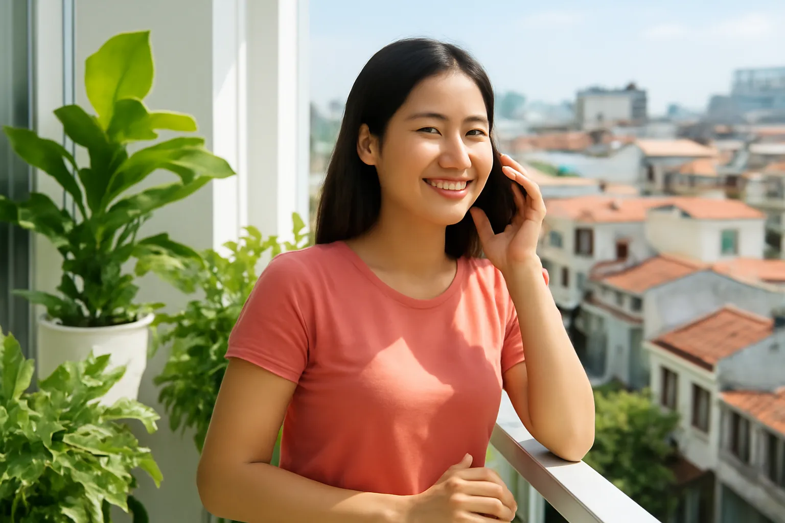 Người phụ nữ đứng ban công chung cư nói chuyện điện thoại buổi sáng