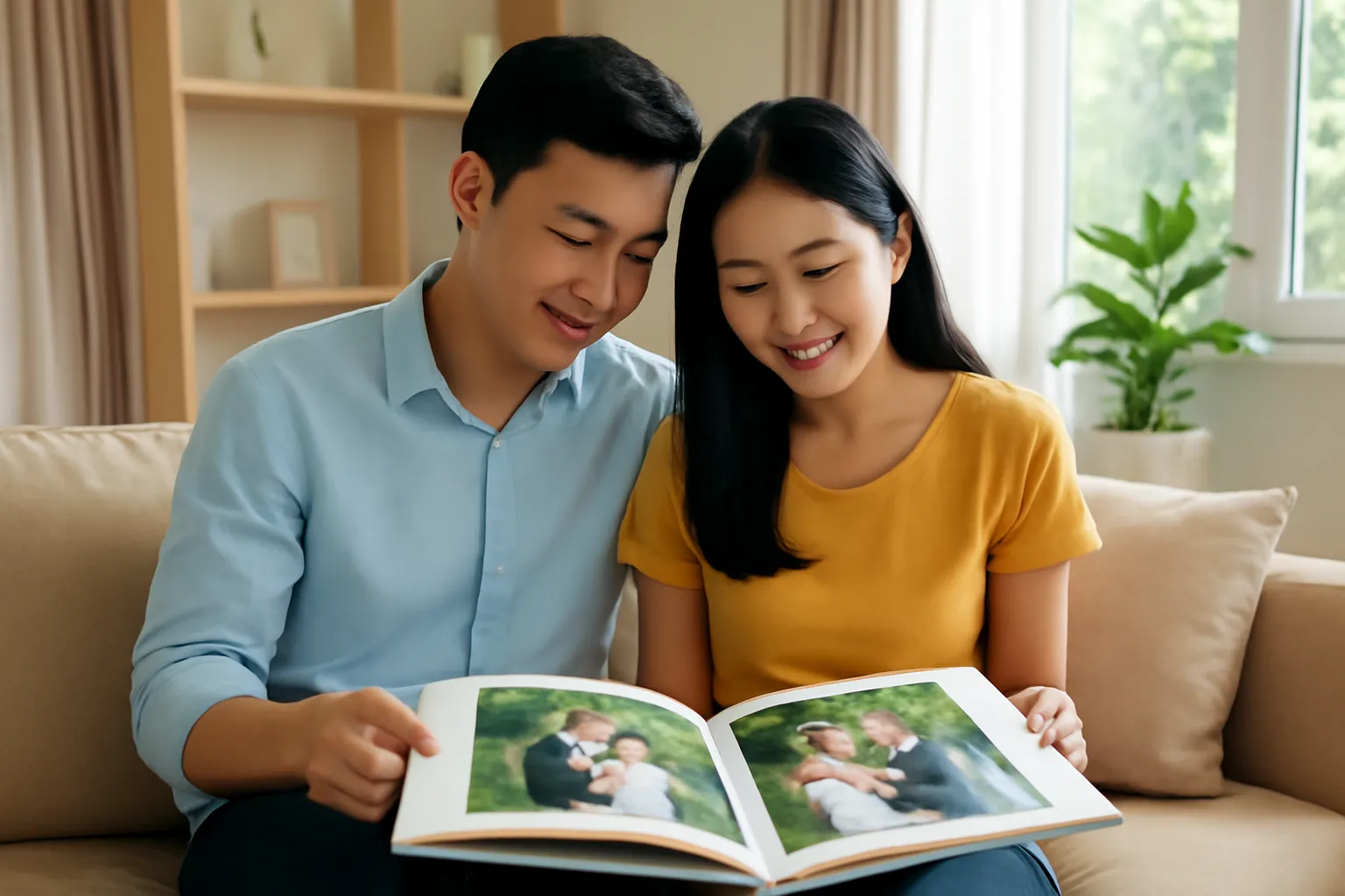 Cặp vợ chồng trẻ ngồi ghế sô pha xem album ảnh cưới trong phòng khách
