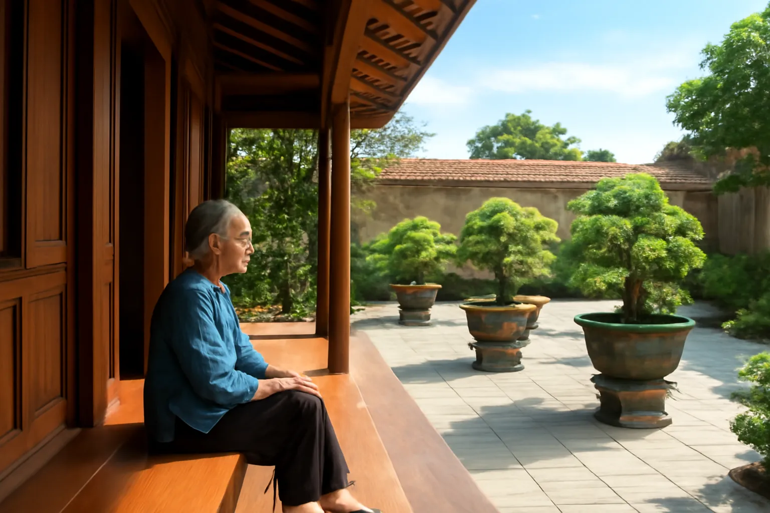 Cụ bà ngồi hiên nhà gỗ nhìn ra khoảng sân có chậu cây cảnh