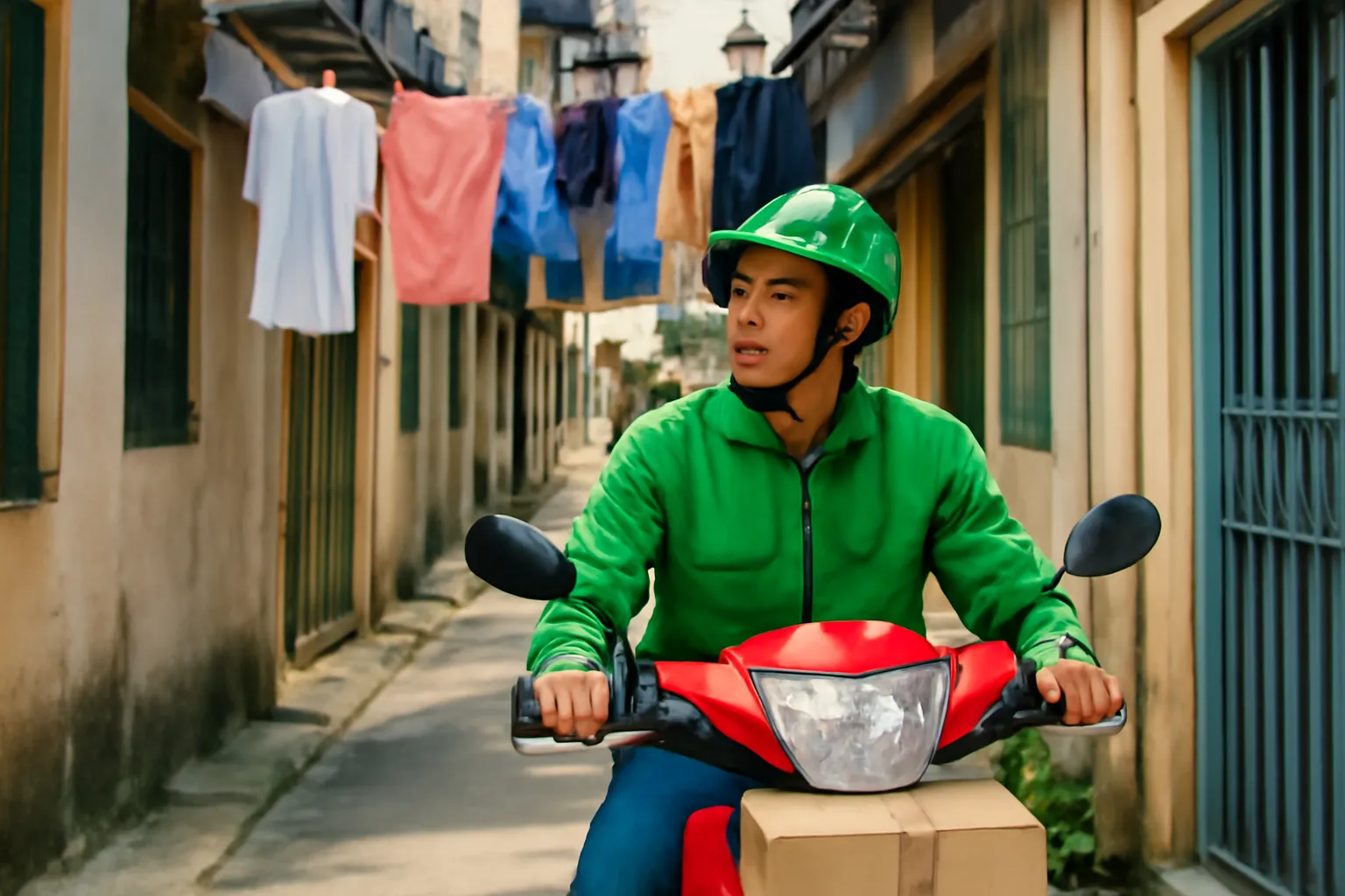 Người giao hàng đi xe máy dừng trong con hẻm nhỏ nhìn quanh tìm nhà