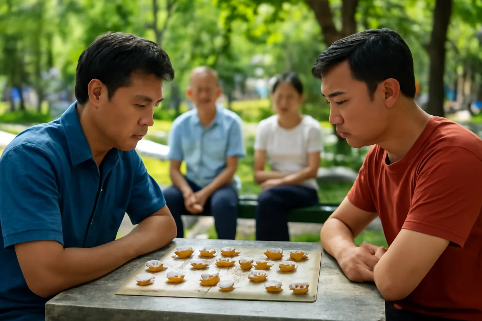 Hai người đàn ông nhìn nhau qua bàn cờ tướng ở góc công viên