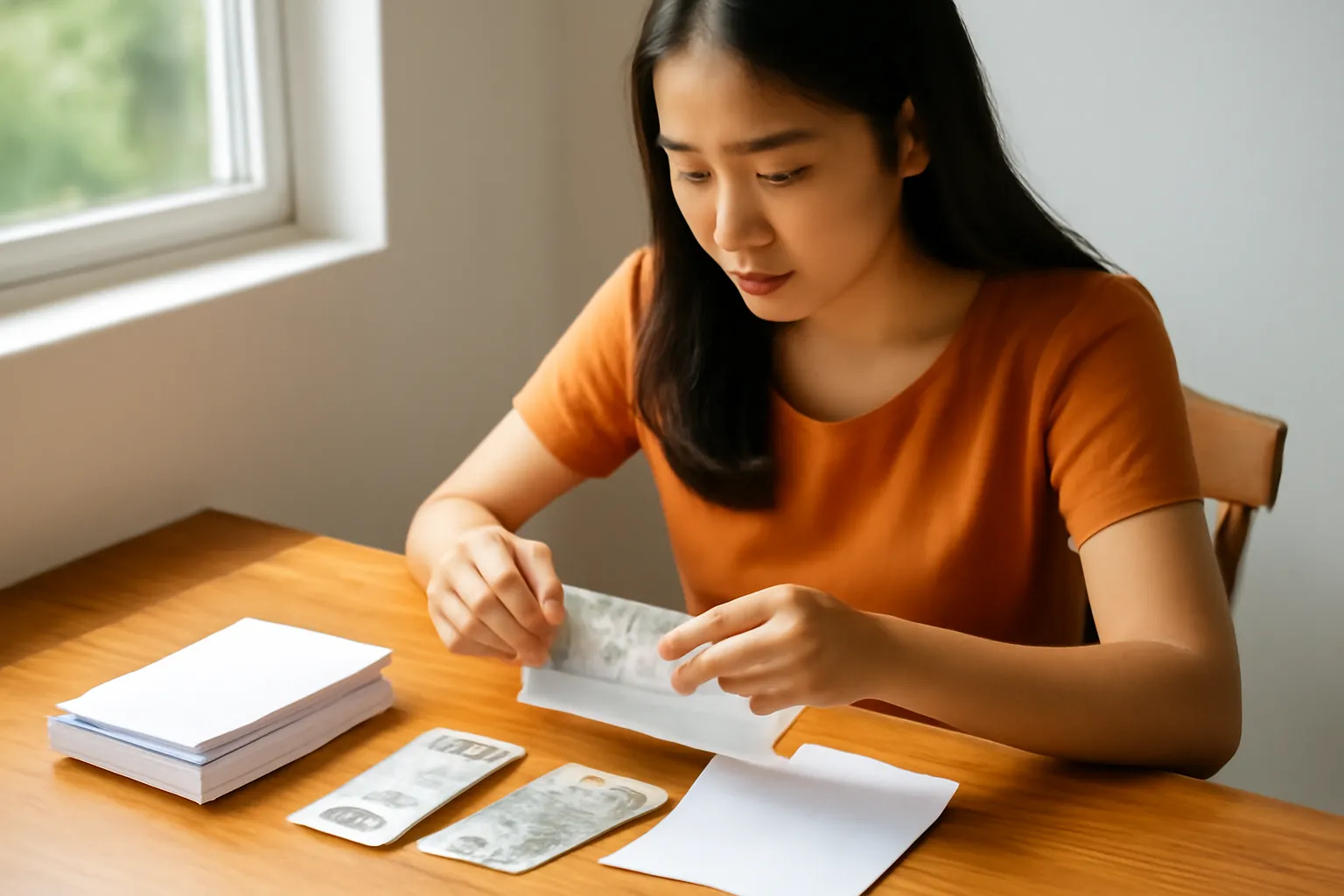 Người phụ nữ trẻ xếp tiền lẻ vào những phong bì trắng trên bàn gỗ