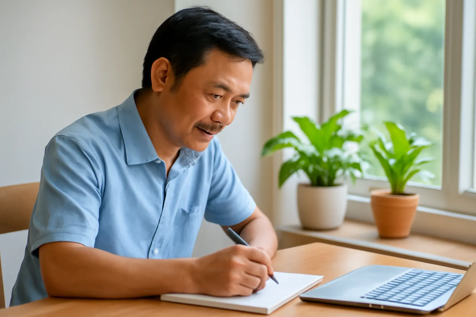 Người đàn ông trung niên ngồi bàn gỗ ghi chép vào sổ tay bên máy tính xách tay