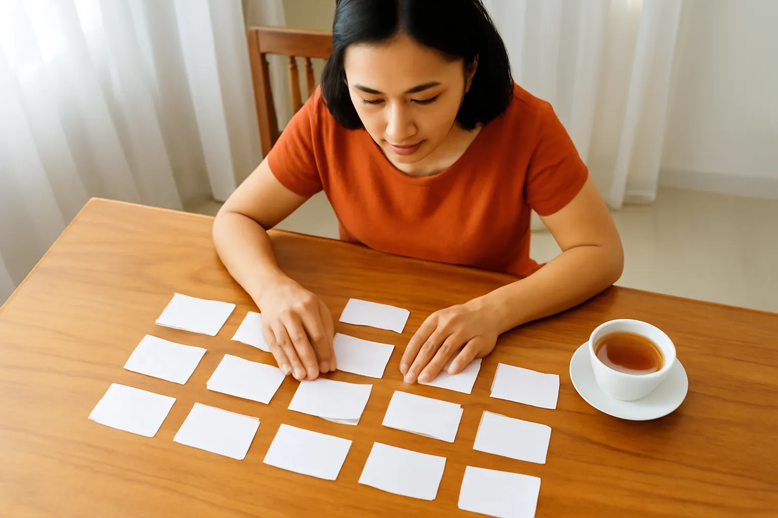 Người phụ nữ xếp các tấm thẻ giấy trắng thành hàng trên bàn ăn gia đình