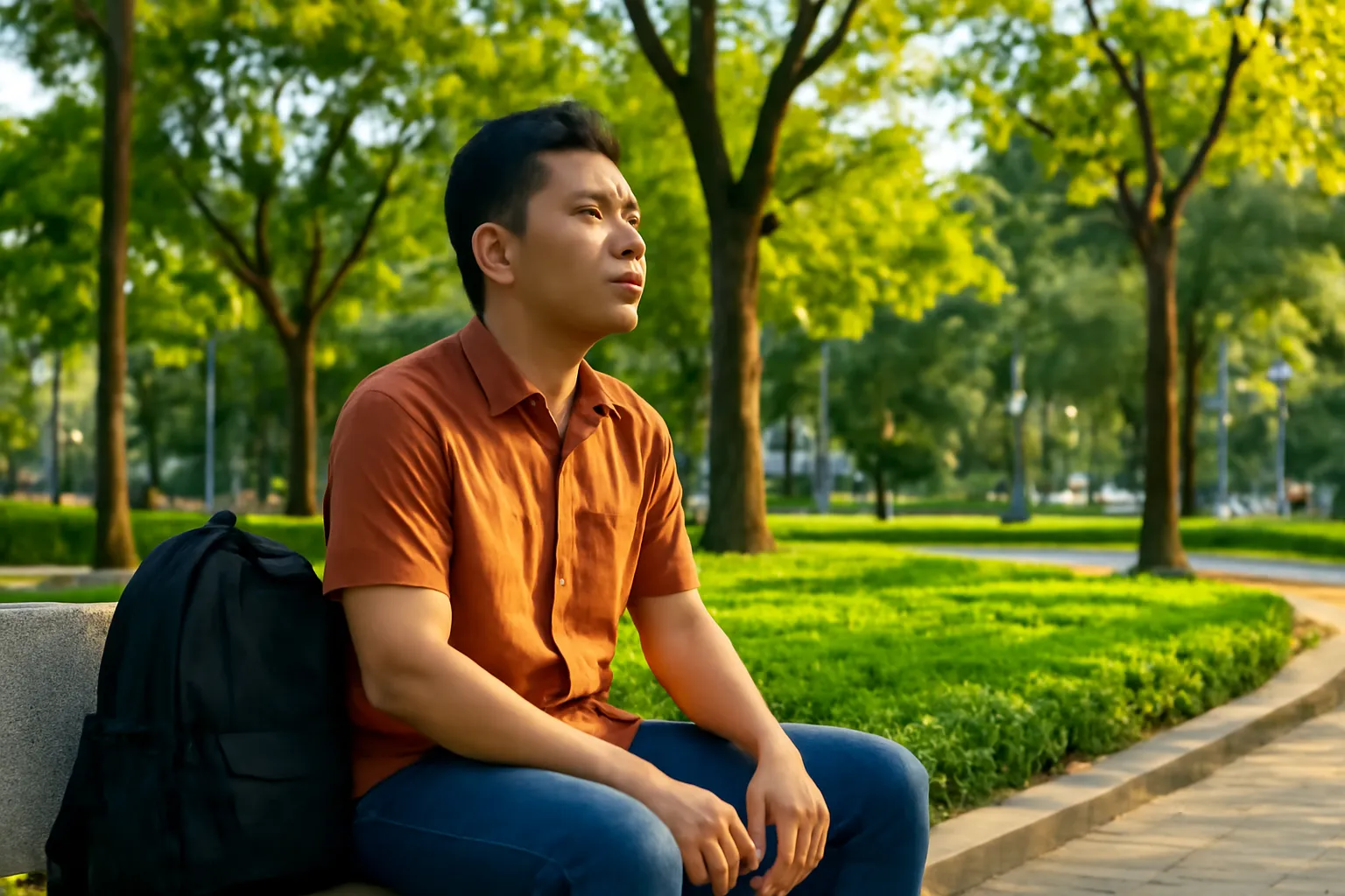 Người đàn ông ngồi ghế đá công viên chiều muộn suy nghĩ bên chiếc ba lô