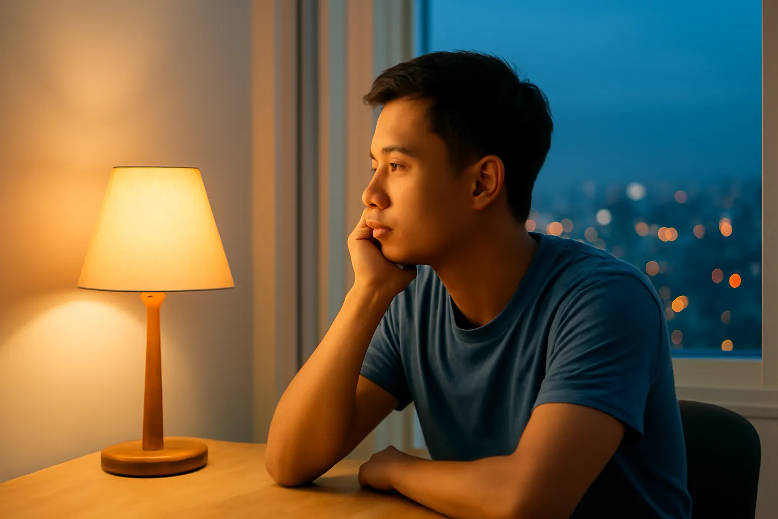 Người đàn ông ngồi một mình bên cửa sổ đêm, đèn bàn sáng, vẻ trầm ngâm