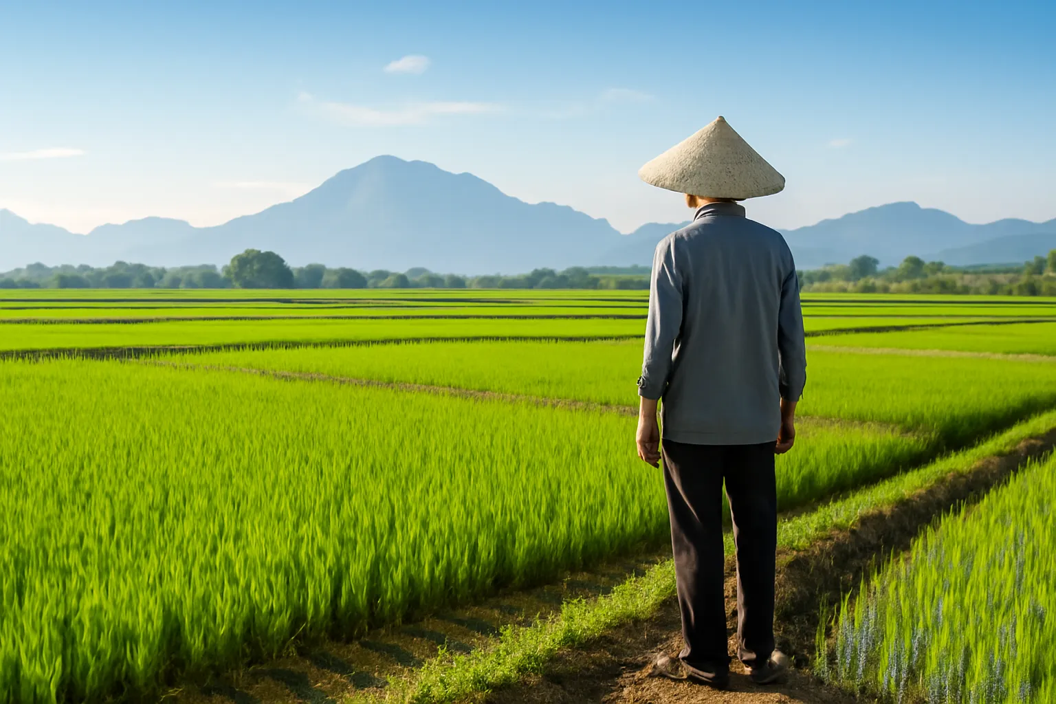 Người nông dân đứng bờ ruộng lúa xanh nhìn về dãy núi xa buổi sớm