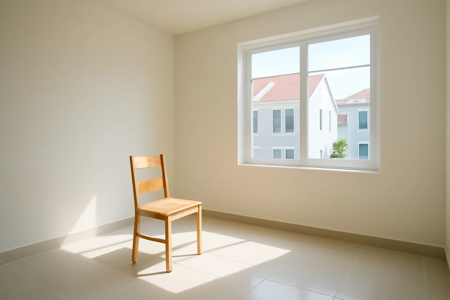Căn phòng trống sơn trắng có cửa sổ lớn và ánh nắng chiếu vào sàn