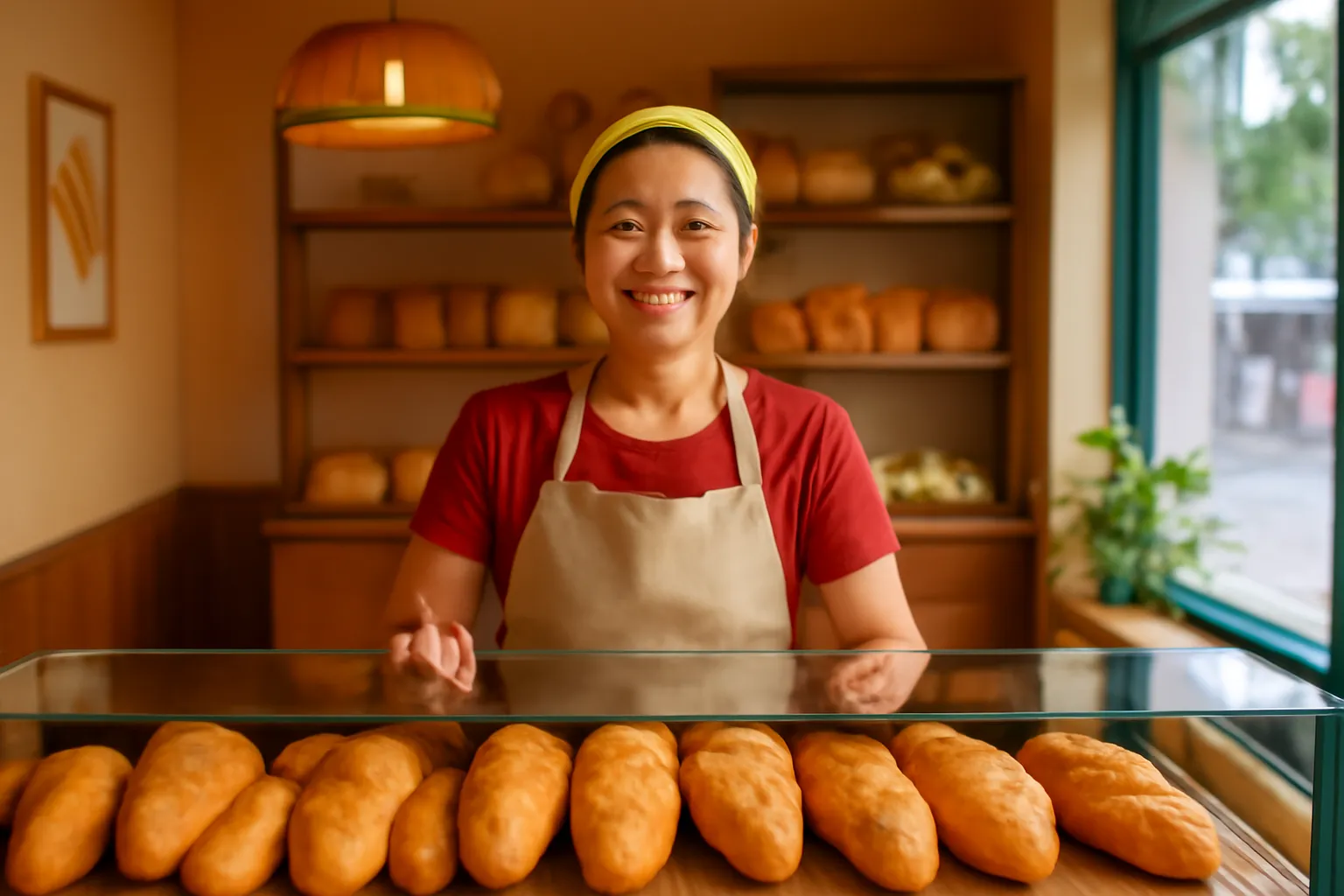 Chủ tiệm bánh mì đứng sau quầy kính trưng bày bánh buổi sáng sớm