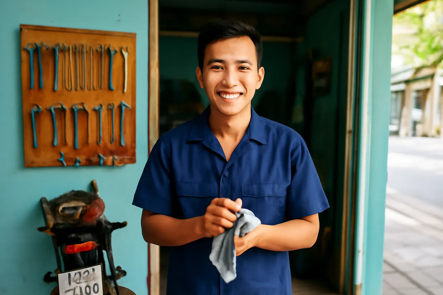 Người thợ trẻ đứng trước cửa tiệm sửa xe lau tay bằng khăn