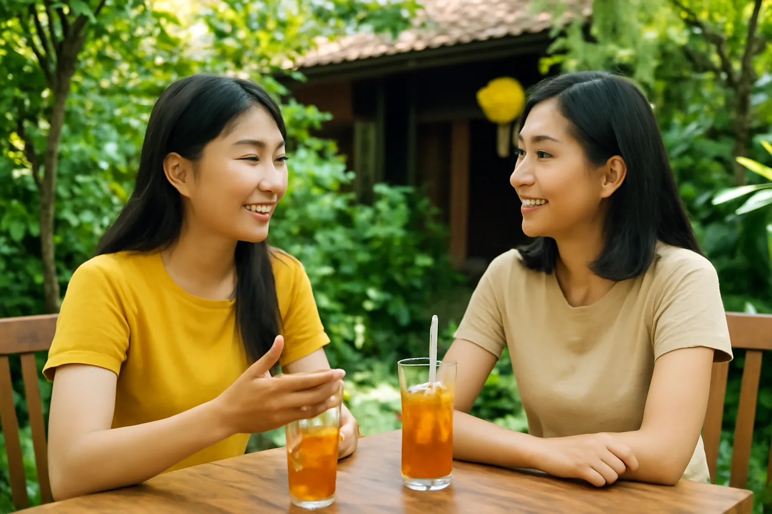 Hai người bạn trò chuyện bên bàn gỗ ở quán trà sân vườn