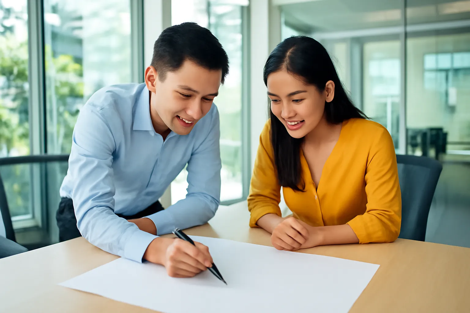Hai đồng nghiệp chụm đầu bàn bạc bên tờ giấy lớn trên bàn họp