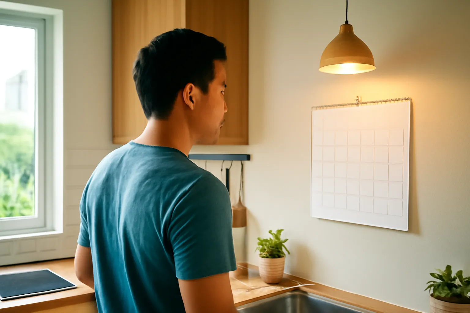 Người đàn ông nhìn tờ lịch treo tường trong căn bếp nhỏ buổi tối