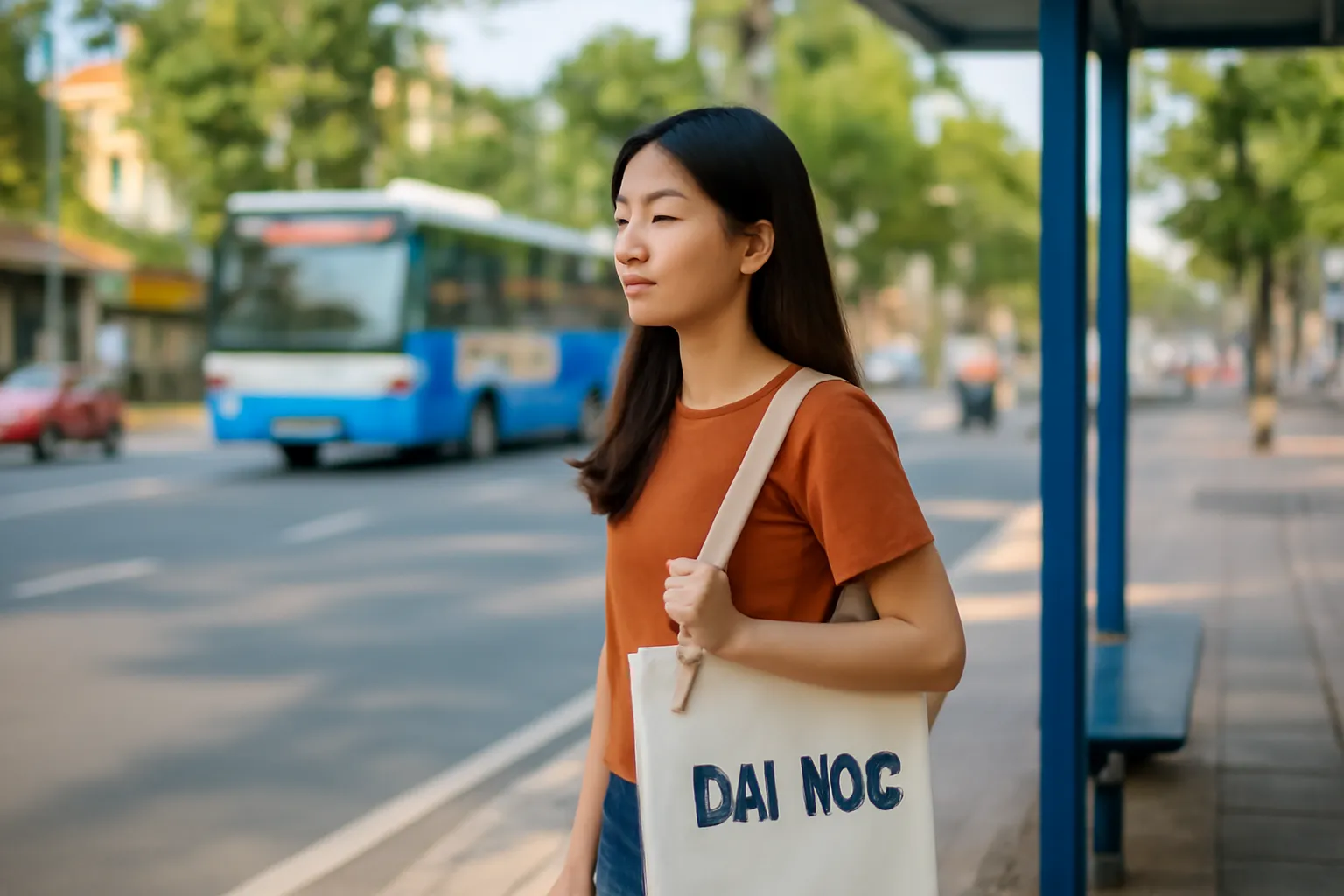 Cậu sinh viên đứng ở trạm xe buýt nhìn dòng xe qua lại buổi chiều