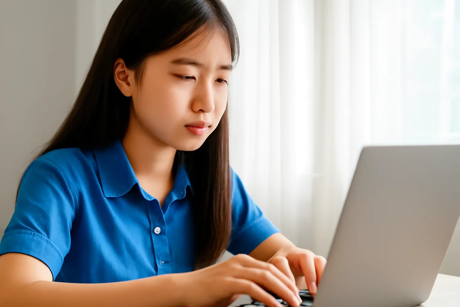 Bàn tay thiếu nữ gõ bàn phím máy tính xách tay bên cửa sổ có rèm trắng
