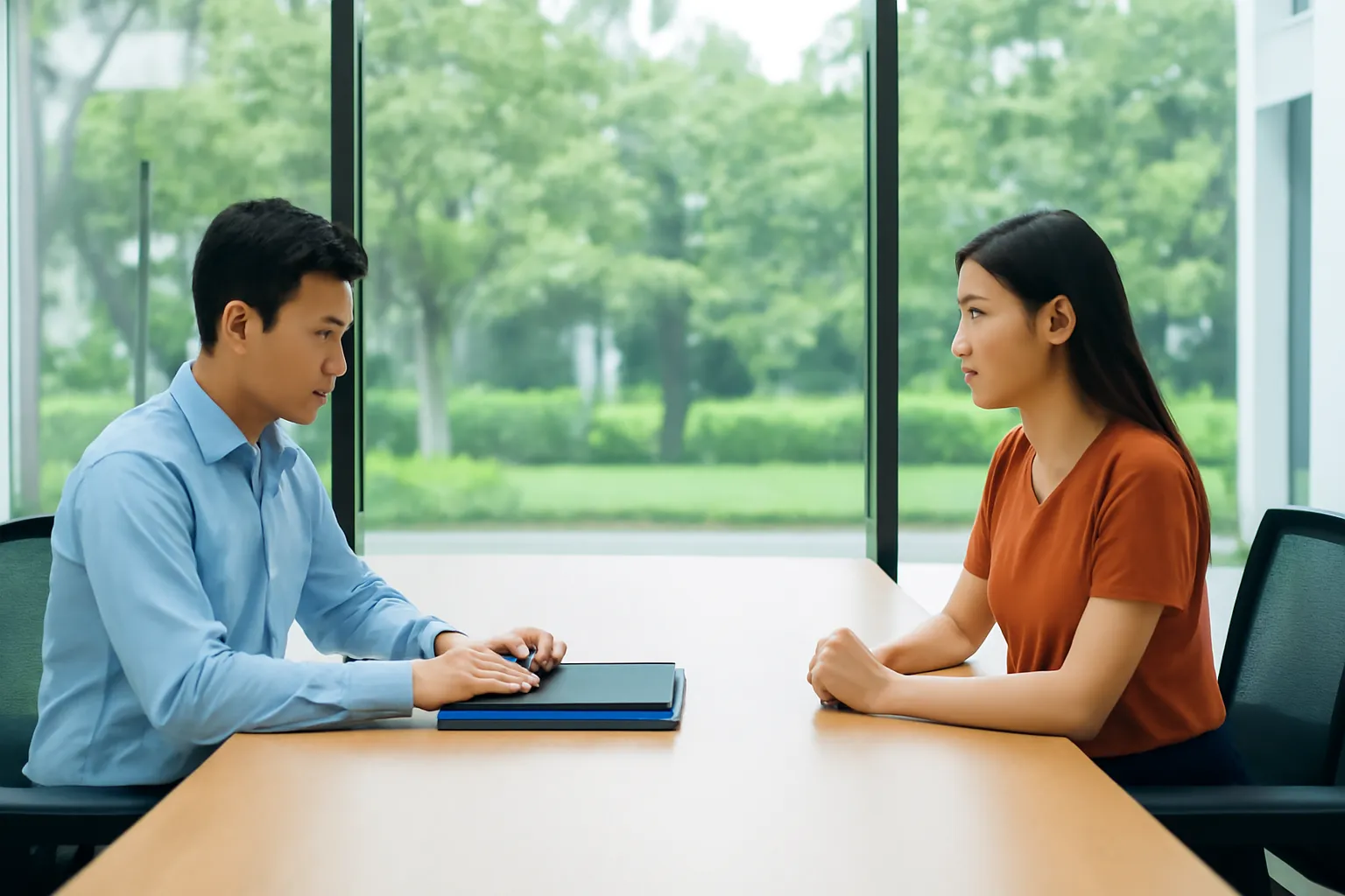 Hai người ngồi hai bên bàn họp dài, một người lật xem tập hồ sơ