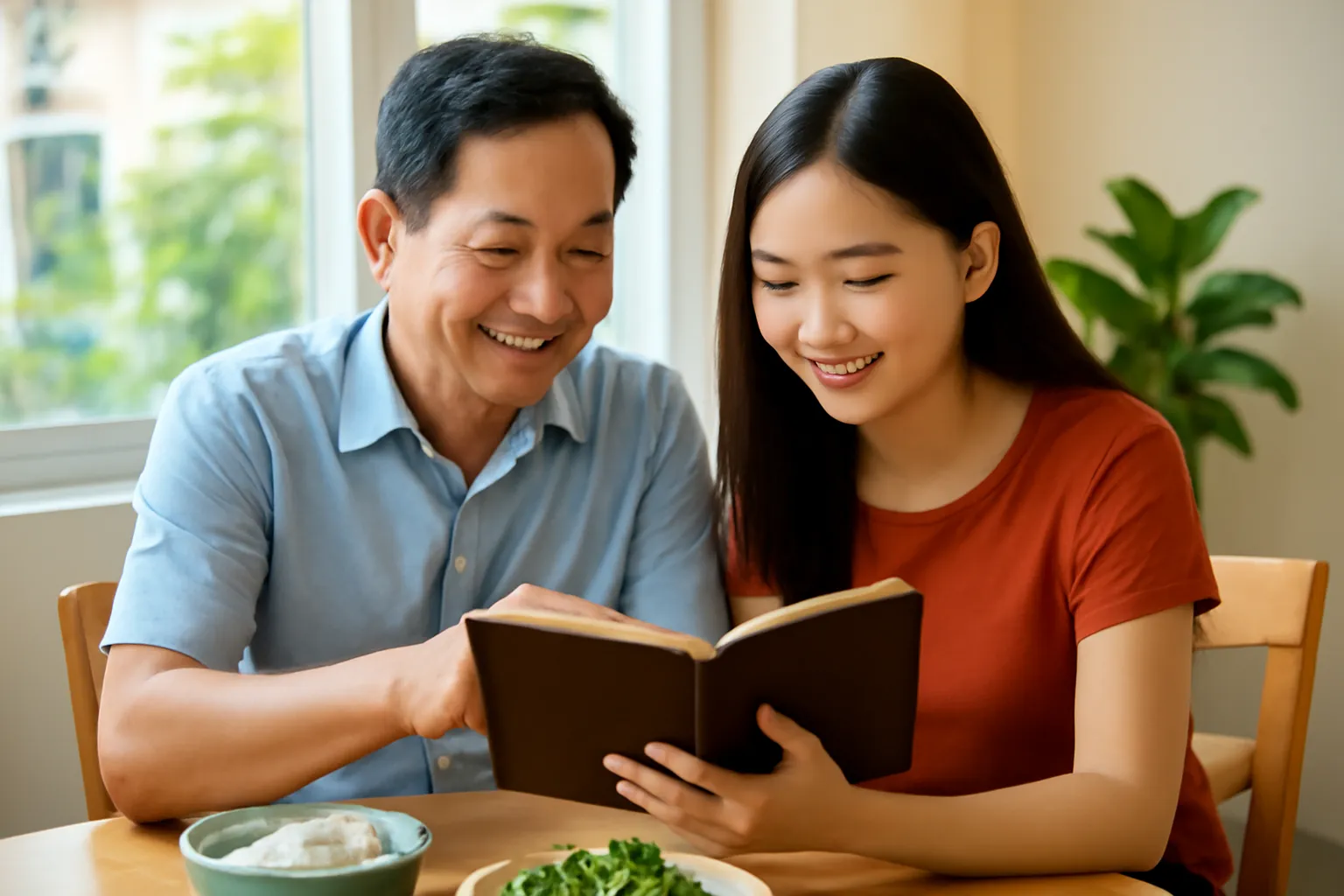 Người cha trung niên ngồi bên con gái trẻ, cùng xem một cuốn sổ bìa da