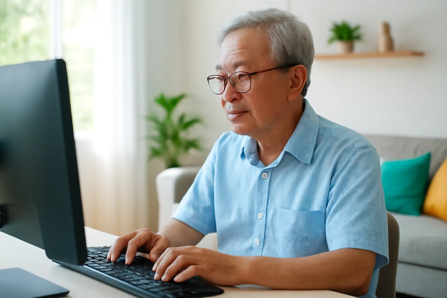 Người đàn ông lớn tuổi đeo kính gõ bàn phím máy tính để bàn trong phòng khách