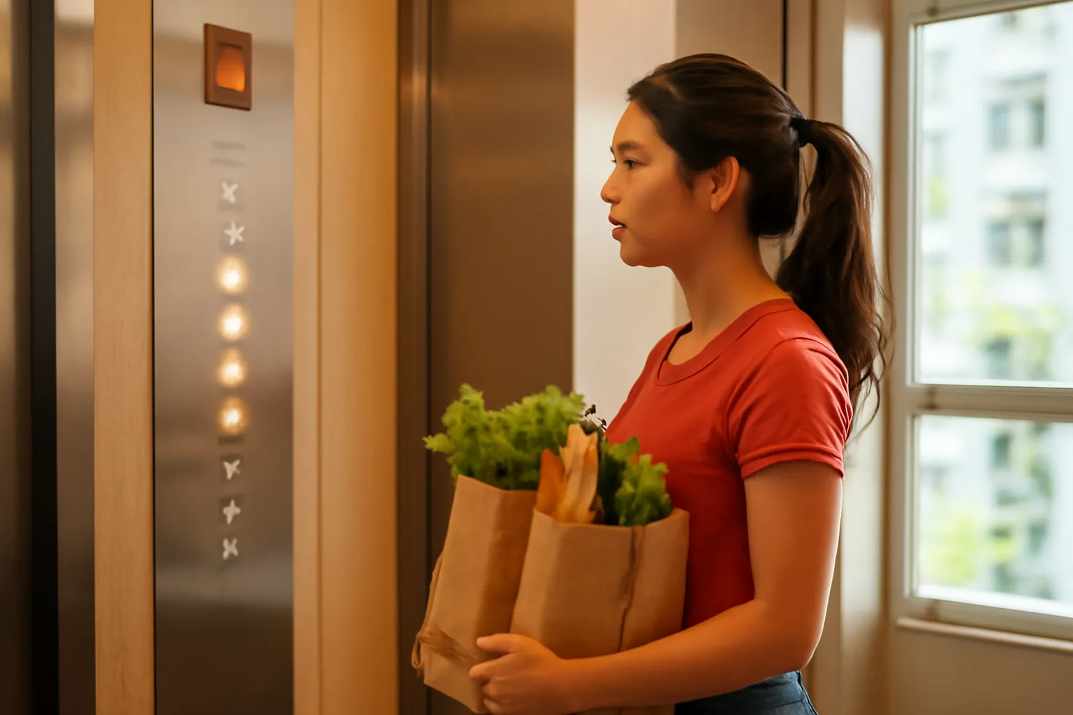 Thang máy toà nhà chung cư với bảng nút bấm tầng được chụp mờ