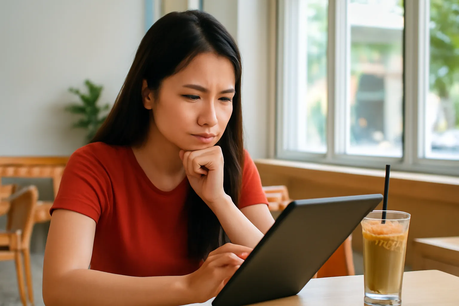 Cô gái trẻ ngồi quán cà phê nhíu mày nhìn máy tính bảng úp nghiêng