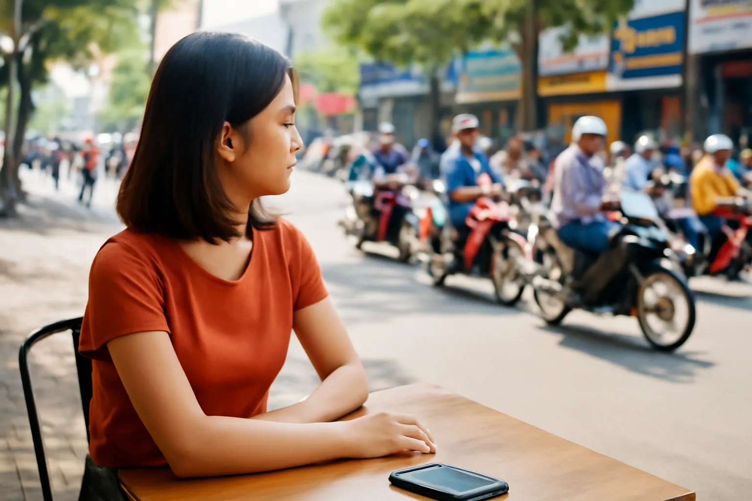 Cô gái trẻ ngồi quán cà phê vỉa hè nhìn ra con phố đông người qua lại