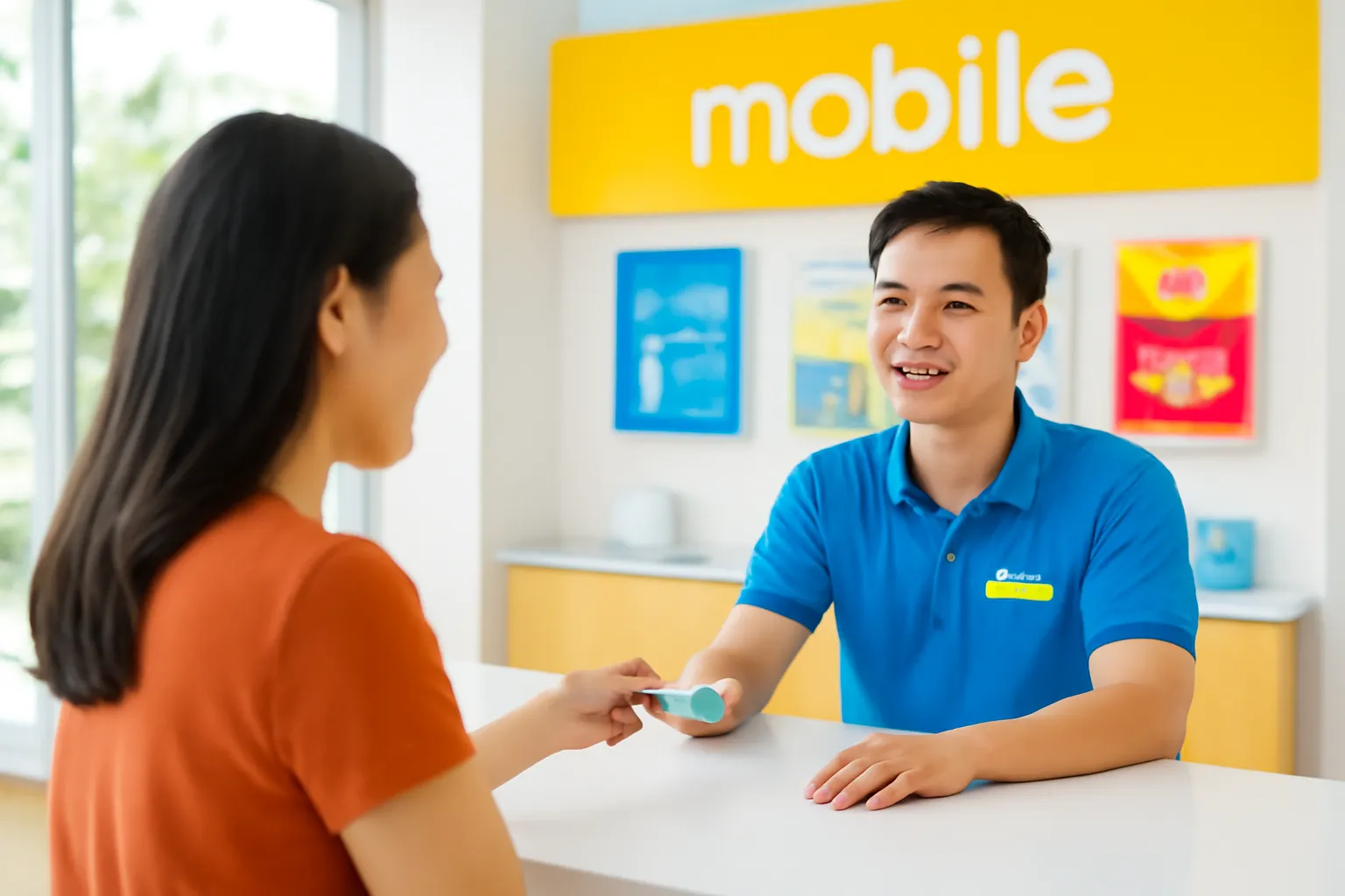Người phụ nữ đứng quầy giao dịch nhà mạng đưa thẻ căn cước cho nhân viên